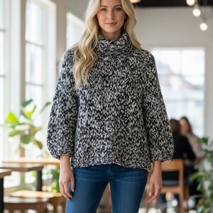 POL Marble Chunky Knit Turtleneck Sweater - Black and White